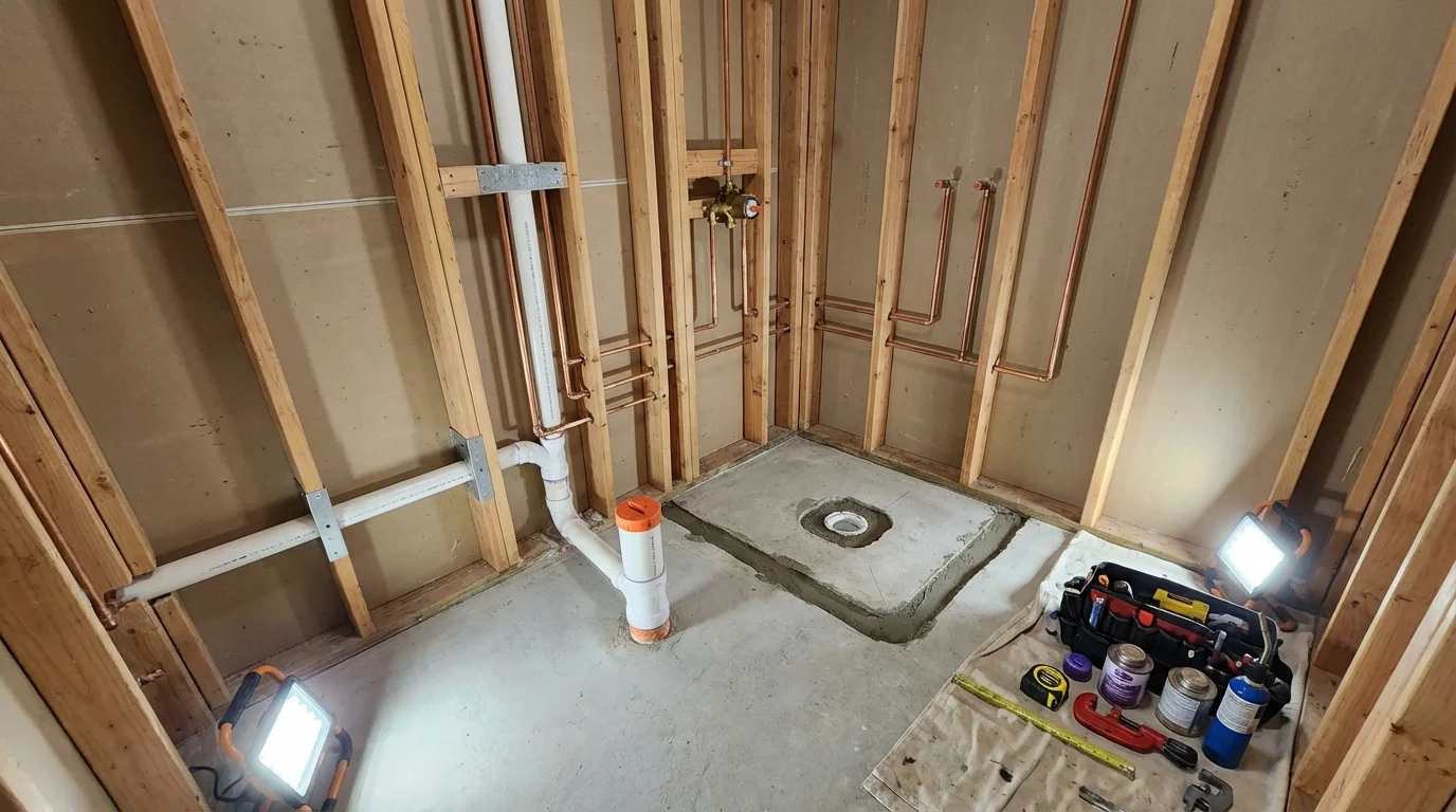 Bathroom rough-in plumbing during remodel by Johns Plumbing LLC in Byesville