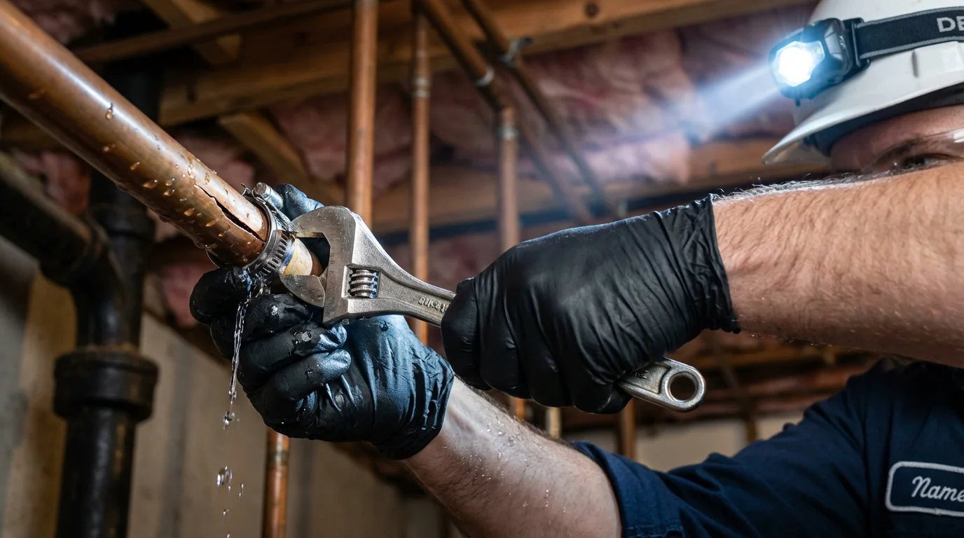 Emergency pipe clamp repair being performed by a Johns Plumbing LLC plumber in Byesville