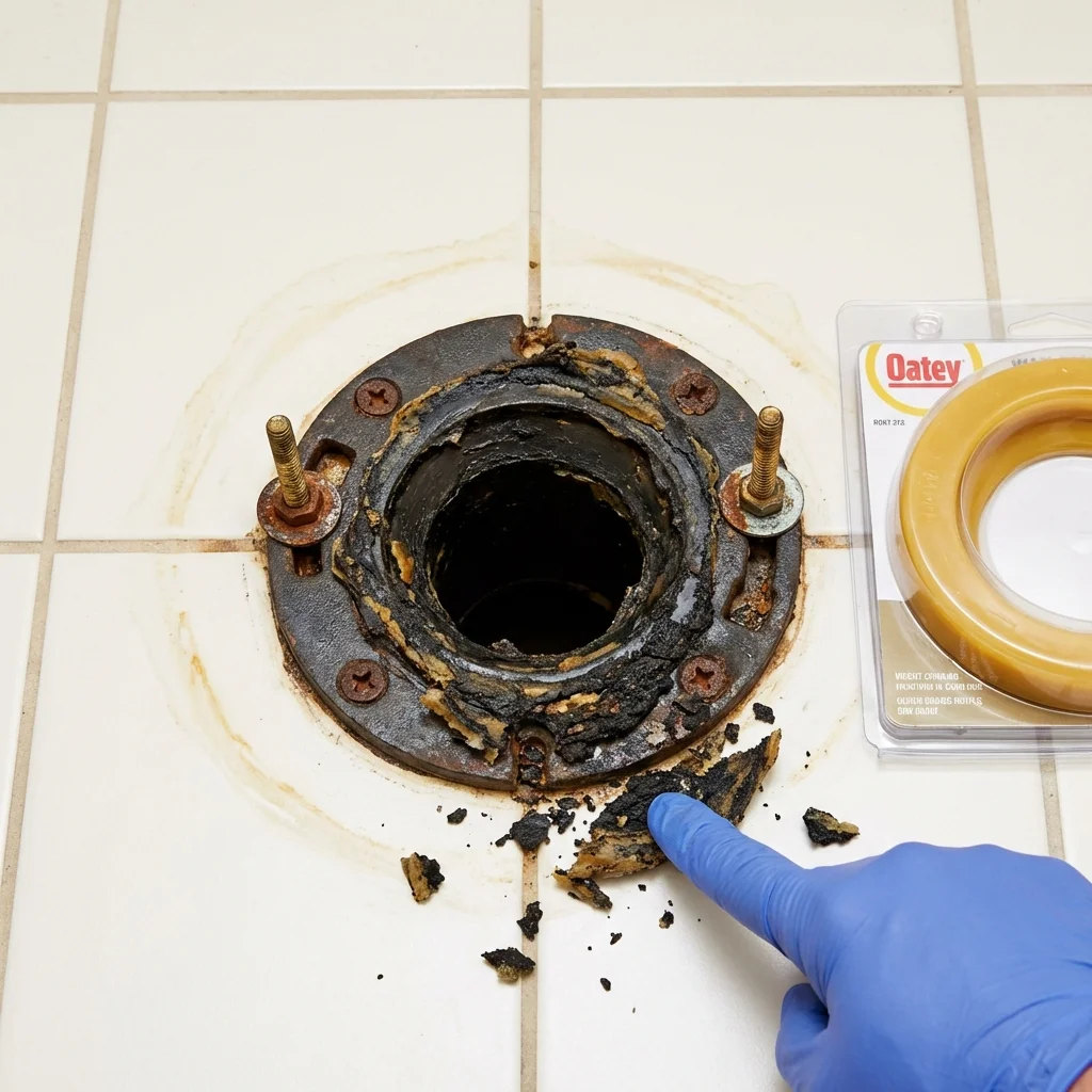 Failed wax ring showing water seepage at the base of a toilet in a Byesville, OH home