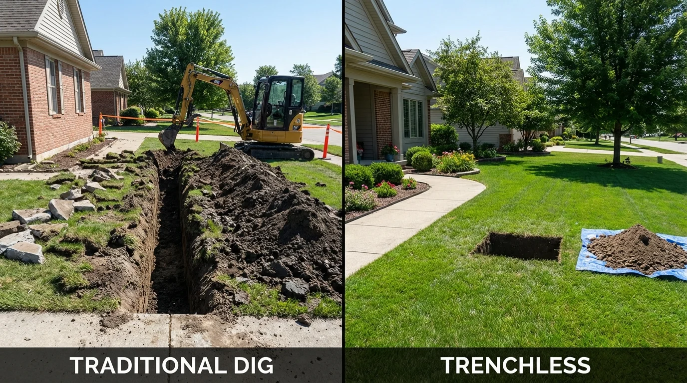 Trenchless sewer repair with minimal yard damage versus traditional excavation in Byesville, OH