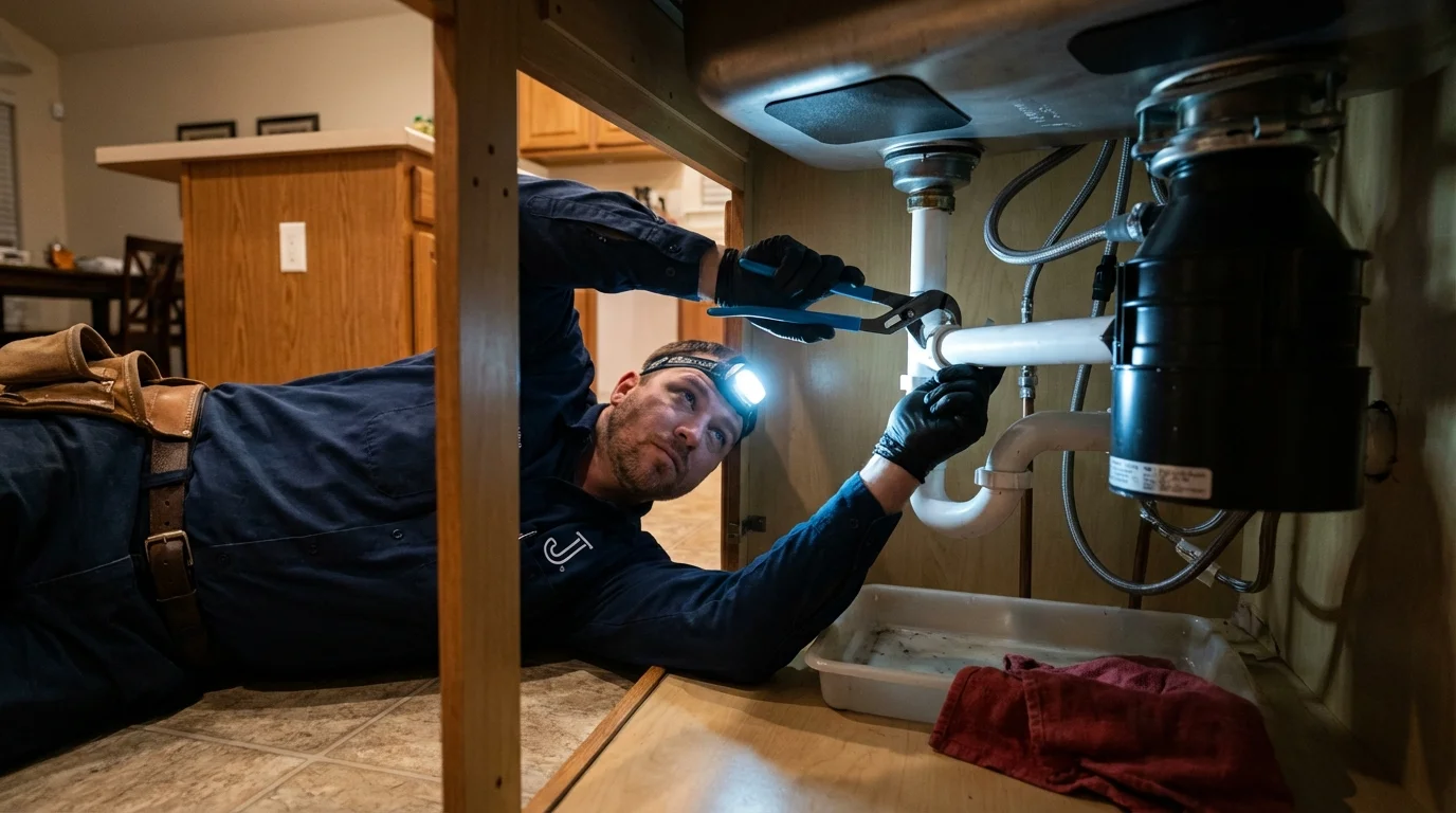 P-trap and supply line connections under a kitchen sink showing a common leak point in Byesville, OH